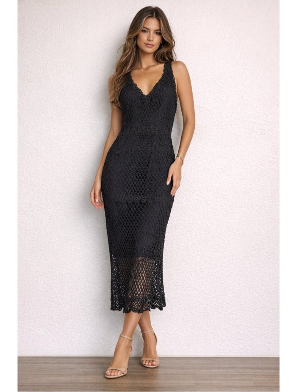 Kroshetta Crochet Midi Dress Black Open Knit Beach Festival Vintage Large